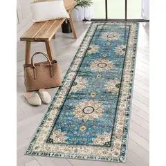 LAHOME - Alfombra Oriental Con Medallón Floral Color Azul y Beige de 0.60x2.43 m