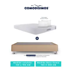 COMODISIMOS - Colchón Queen Access Res Celia 160x190 + 2 Base Cama 160x095 Café Avellana + 8 Patas Acero 14 Cms + 2 Almohadas