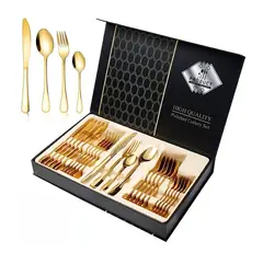 SUBE - Juego de Cubiertos Set de 24 Piezas Acero Inoxidable Dorado