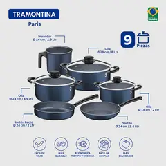 TRAMONTINA - Bateria de Cocina Paris Azul 9 Piezas con Revestimiento Interno Y Externo Antiadherente
