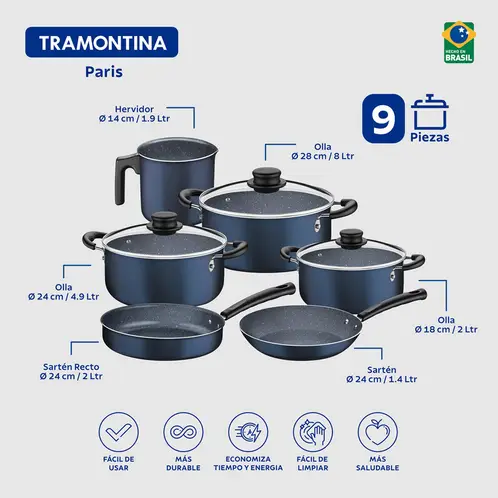 TRAMONTINA - Juego de Ollas Bateria de Cocina Paris Libre PFOA Antiadherente Azul 9 Piezas