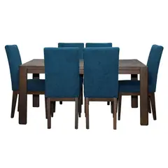 ELITE LIVING - Comedor Oxford 6 Puestos Natural Oscuro Tela Azul