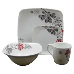 SABANA - Vajilla Melamina Primavera Blanca Flores Cuadrada 16 Piezas 4 Puestos