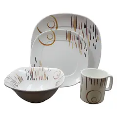 SABANA - Vajilla Melamina Imperial Blanca Líneas Café Semi Cuadrada 16 Piezas 4 Puestos