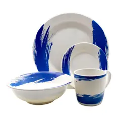 SABANA - Vajilla Melamina Clásica Blanca Pinceladas Azules Redonda 16 Piezas 4 Puestos