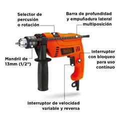 BLACK+DECKER - Taladro 1/2 Pulg Percutor 550w 2800rpm Vvr Byd + Clip Strip 6 Brocas Hss Black And Decker