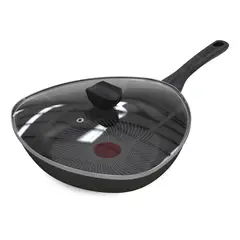IMUSA - Wok Mas 30 cm en Aluminio Antiadherente Libre de PFOA Negro Efecto Piedra Tapa de Vidrio Hard Titanium