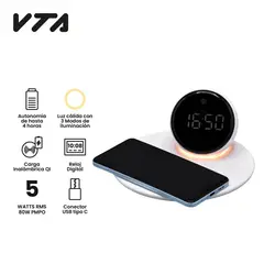 VTA PLUS - Parlante Inalambrico 4 En 1 Reloj Qi Luz 5W Rms