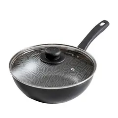 UNIVERSAL - Wok 6 Ultra en Aluminio 1.8mm de Espesor Antiadherente Tapa Vidrio 24cm 2.8 Litros Libre de PFOA Negro