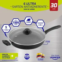 UNIVERSAL - Sartén 6 Ultra en Aluminio 1.8mm de Espesor Antiadherente Tapa Vidrio 30cm 3.4 Litros Libre de PFOA Negro