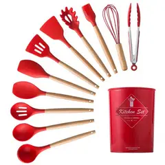 52 BITS - Set X12 Utensilios de Cocina En Silicona Resistente Al Calor Rojo