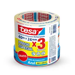 TESA - Cinta de Enmascarar Multipropósito 40 Metros X 24 mm X 3UND + Azul 14D 50 Metros X 25 mm