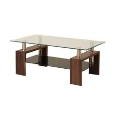 KABBOA - Mesa de Centro Moderna de Dos Niveles Con Tapa de Vidrio Templado Color Café
