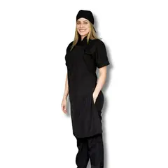 TOUCAN CHEF UNIFORMS - Uniforme Antifluido Cocina Camisa Negra Pantalón Negro Delantal Peto Negro Obsequio Cofia Negra Dama XS