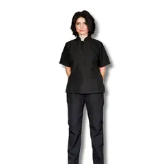 TOUCAN CHEF UNIFORMS - Uniforme Antifluido Cocina Camisa Negra Pantalón Negro Dama XS