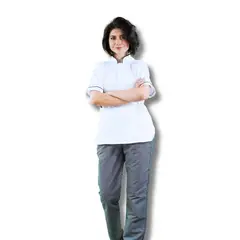 TOUCAN CHEF UNIFORMS - Uniforme Antifluido Cocina Camisa Blanca Pantalón Rayas Dama XS