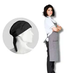 TOUCAN CHEF UNIFORMS - Uniforme Antifluido Cocina Camisa Blanca Pantalón Negro Delantal Peto Rayas Obsequio Cofia Rayas Dama XS
