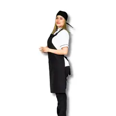 TOUCAN CHEF UNIFORMS - Uniforme Antifluido Cocina Camisa Blanca Pantalón Negro Delantal Peto Negro Obsequio Cofia Negra Dama XS
