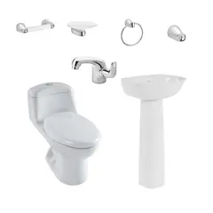 CORONA - Combo Smart: Sanitario Smart Alongado One Piece + Lavamanos Aluvia Con Pedestal + Accesorios Aluvia + Grifería Aluvia