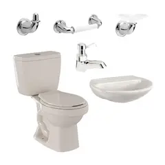 CORONA - Combo Ecoline Bone: Sanitario Dos Piezas Ecoline + Lavamanos Milano + Grifería Lavamanos Sencilla Serrat + Accesorios x3 Valencia