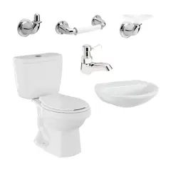 CORONA - Combo Ecoline Blanco: Sanitario Dos Piezas Ecoline + Lavamanos Milano + Grifería Lavamanos Sencilla Serrat + Accesorios x3 Valencia