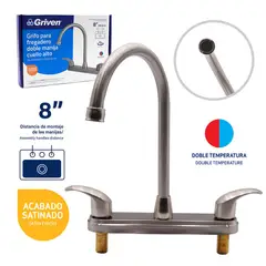 GRIVEN - Grifería Para Cocina 8" Cuello Alto Palanca Acero Inoxidable Acabado Satin Consumo 7.56 l/min
