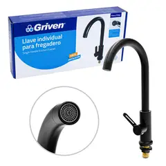 GRIVEN - Grifería Individual Para Fregadero Cuello Alto Acero Inxidable Acabado Negro Mate Consumo 6 l/min