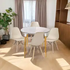EKONOMODO COLOMBIA - Comedor White Redondo Blanco Pequeño 4 Puestos con Sillas Eames Beige