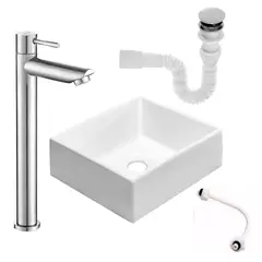 GRIFOS CENTER - Kit Lavamanos Cuadrado+griferia Agua Fria Alta Brillante+push