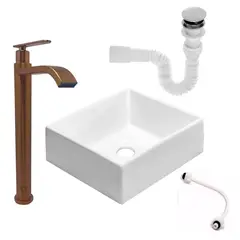 GRIFOS CENTER - Kit Lavamanos Cuadrado+grifo Agua Fria Rosa Cepillado+push