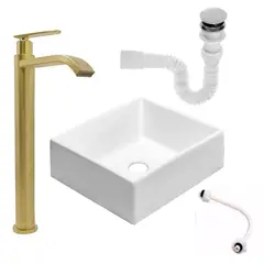 GRIFOS CENTER - Kit Lavamanos Cuadrado+griferia Agua Fria Oro Cepillado+push
