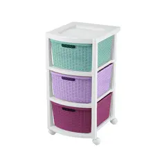 RIMAX - Cajonero Infantil De Piso Plástico Azul/Lila/Morado Apariencia Rattán 3 Gavetas 33X66X39 cm