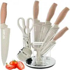 52 BITS - Juego Cuchillos x8 Piezas Profesional Mango Madera Plateado