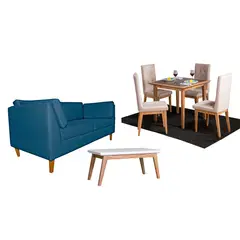 ALL STAR - Juego de Sala Mini Neptuno sofá 3 Puestos Azul + Comedor 4 Puestos + Mesa Auxiliar