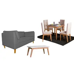 ALL STAR - Juego de Sala Mini Neptuno sofá 3 Puestos Gris + Comedor 4 Puestos + Mesa Auxiliar