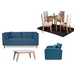 ALL STAR - Juego de Sala Neptuno sofá 3 Puestos Azul + Comedor 4 Puestos + Mesa Auxiliar + Poltrona Cama Azul