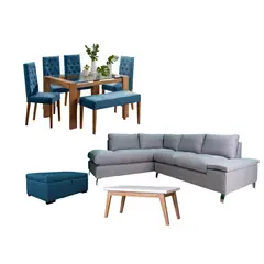 ALL STAR - Juego de Sala Primavera sala en L 5 Puestos + Comedor 6 Puestos Azul + Mesa Auxiliar + Baúl Azul