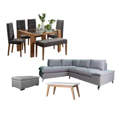 ALL STAR - Juego de Sala Primavera sala en L 5 Puestos + Comedor 6 Puestos Gris + Mesa Auxiliar + Baúl Gris
