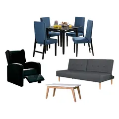ALL STAR - Juego de Sala Otoño sofá Cama Gris + Comedor 4 Puestos + Mesa Auxiliar + Sillón Reclinable Ecocuero Negro