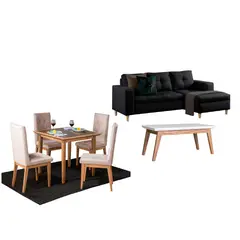 ALL STAR - Juego de Sala Verano sala en L Negro Izquierda + Comedor 4 Puestos + Mesa Auxiliar