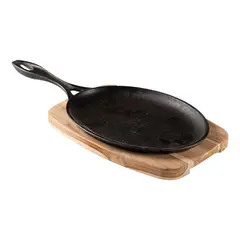 TRAMONTINA - Tabla Grill Ovalada de Hierro Fundido con Base y Mango de Madera 38.5x19cm