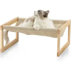 undefined - Cama Elevada para Mascotas Fukumaru en Madera con Tela Transpirable Beige