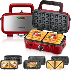 FOHERE - Waflera y Sanduchera 3 en 1 con Placas Extraíbles y Control de Temperatura