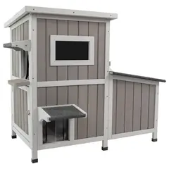undefined - Casa De Madera Para Gatos De Dos Pisos Con Tres Habitaciones Para Exteriores