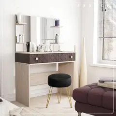 undefined - Silla Puff Redondo de Terciopelo Negro con Patas Doradas para Tocador