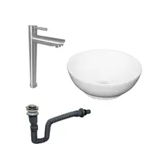 INKORPORAR - Kit Lavamanos Sobreponer Bowl 32+Grifería Agua Fria Acero Inox+Desague+Sifon