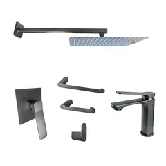 INKORPORAR - Set Grifería Ducha+Regadera+Brazo+Grifería Lavamanos Baja+3 Accesorios Baño Gun Metal Satinado 7 Pzas