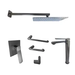 INKORPORAR - Set Grifería Ducha+Regadera+Brazo+Grifería Lavamanos Alta+3 Accesorios Baño Gun Metal Satinado 7 Pzas