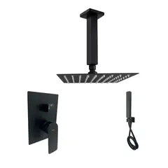 INKORPORAR - Grifería De Ducha Spazio Csb Negro + Brazo Techo Cuadrado 15cm Negro + Regadera Cuadrado Negro 30x30 +Teleducha Modern Consumo 7.5 l/ciclo