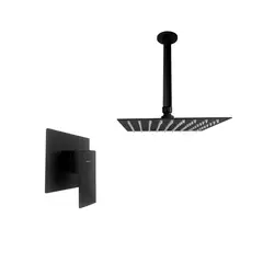 INKORPORAR - Kit Grifería Ducha Negra Monocontrol Ciret+Regadera 25x25 +Brazo Techo Redondo Consumo 7.5 l/ciclo